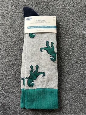 Old Navy Gray Crew Socks with Green Lizard Motif and Teal Cuff